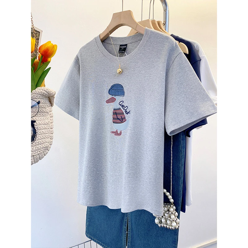 2025卡通刺绣t恤女款2025新款爆款韩系宽松大码胖mm遮肚夏季短袖