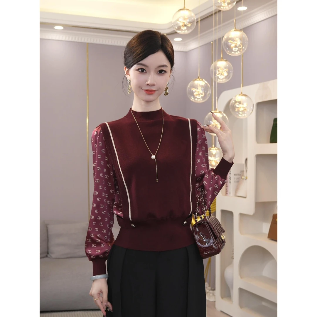 唐熹2025年秋冬【8018】含绵羊毛套头红色假两件内搭针织衫毛衣上衣