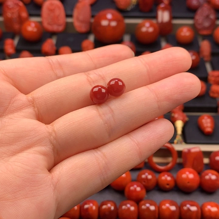 南红玛瑙未镶嵌玫红圆珠对珠7.6MM