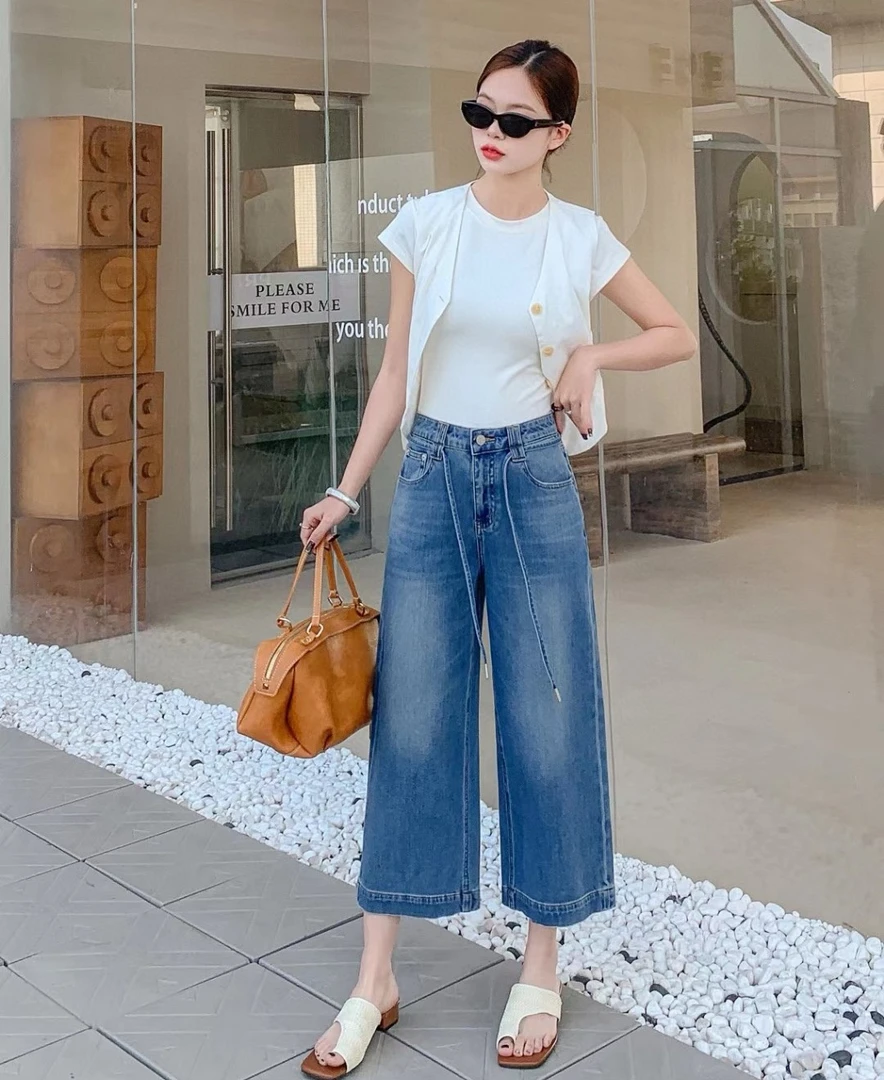 【糖糖】“四面弹”夏季薄款蓝色阔腿八分直筒牛仔裤