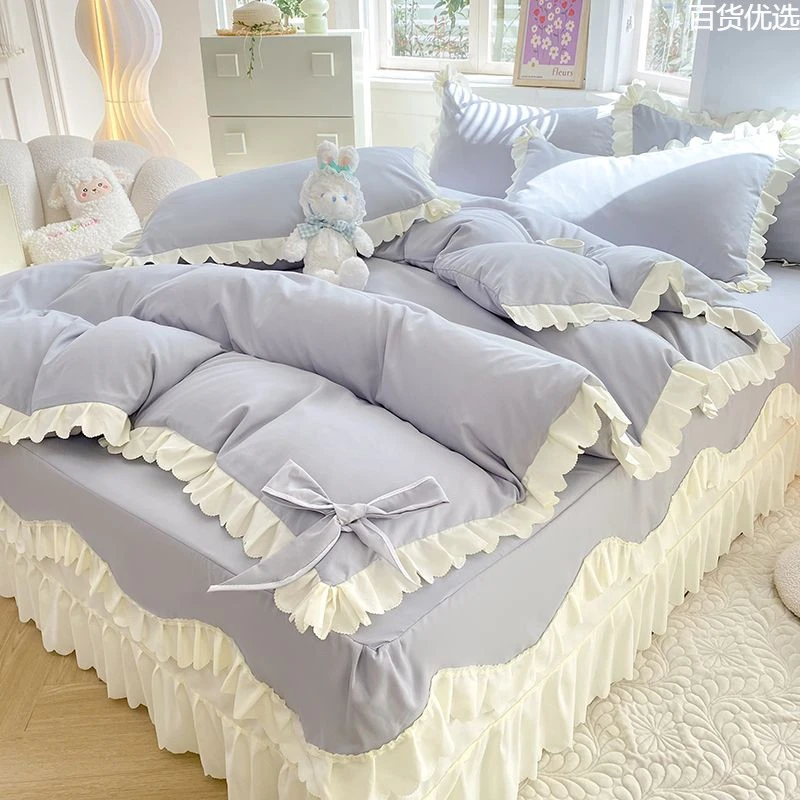 新疆西藏包邮网红款纯色公主四件套韩版床罩床单双人被套加厚四季