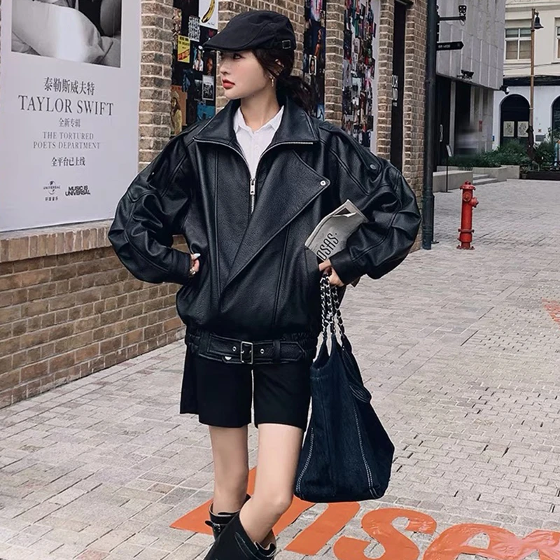 2025年海宁新款真皮皮衣女宽松时尚绵羊皮机车潮流皮夹克外套