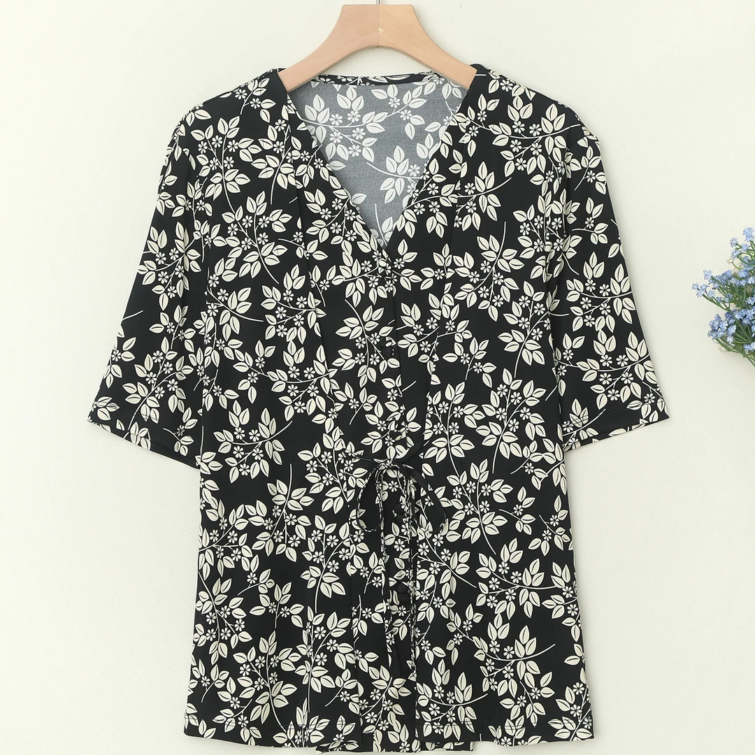 LANZIBES/蓝之蓓真丝针织V领印花短袖开衫T恤桑蚕丝洋气显瘦M9439