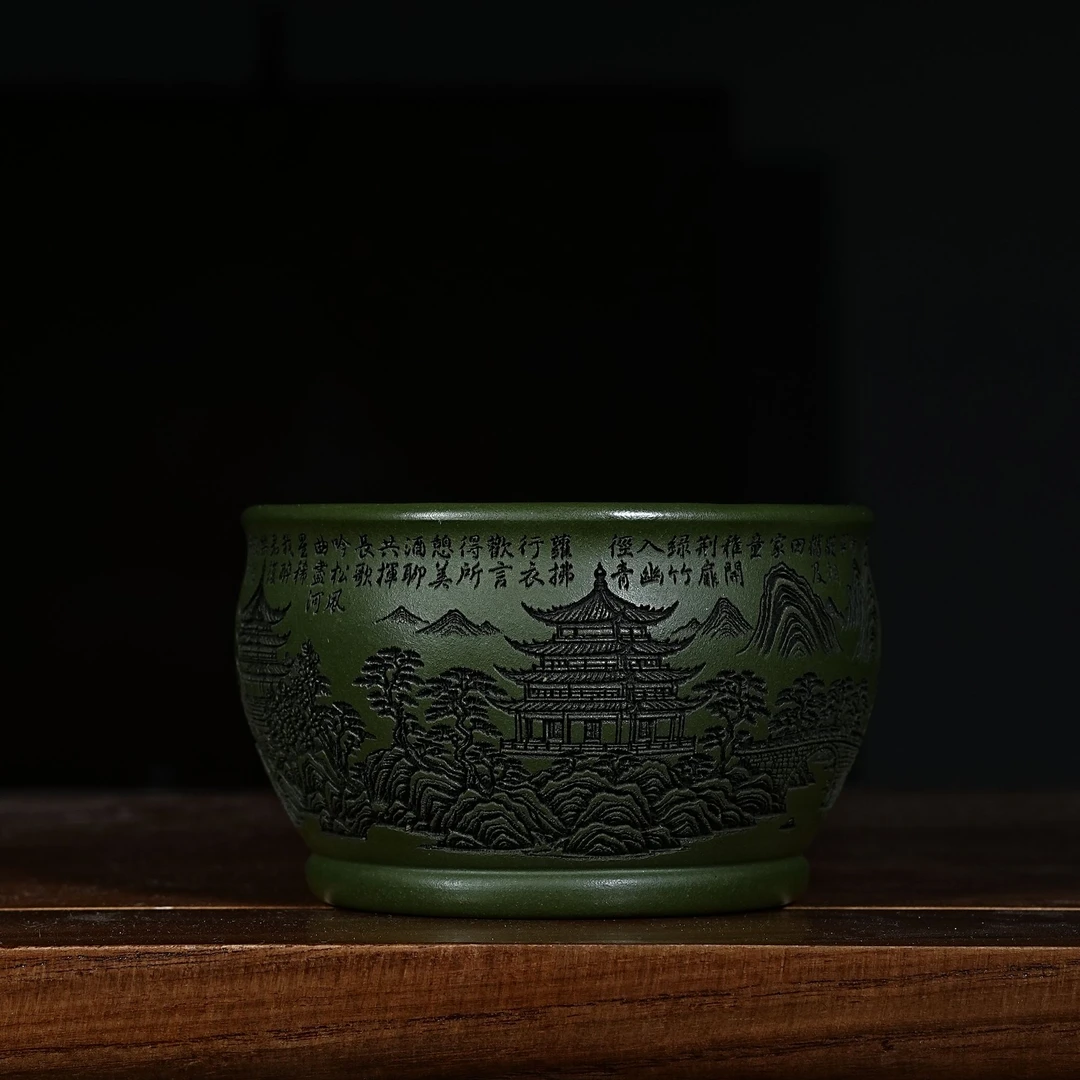 宜兴原矿绿泥刻绘山水紫砂手工主人杯容量150CC