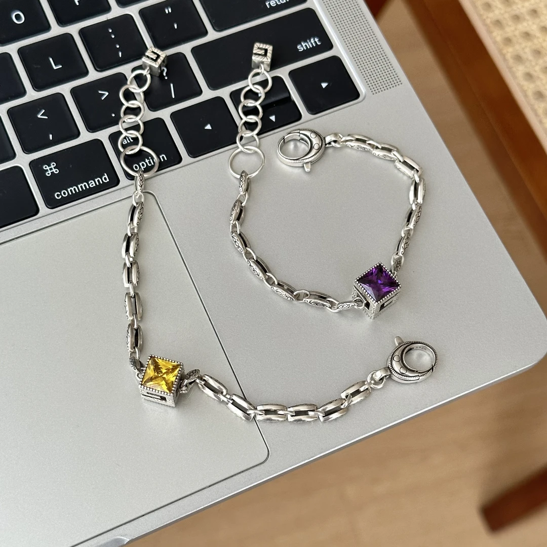 925银合成锆石手链 ins风复古彩色G方块字母唐草手链女 2176