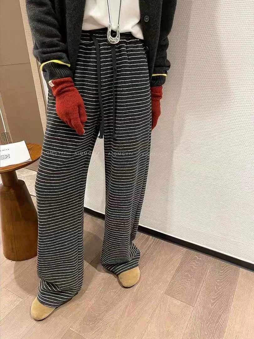 加绒加厚复古撞色条纹休闲裤长裤女冬季高腰保暖阔腿裤直筒拖地裤