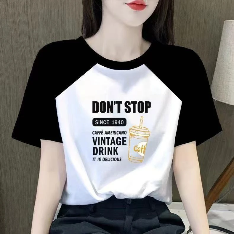 夏季短袖圆领T恤女棉质拼色拼接宽松显瘦字母印花打底小衫女上衣