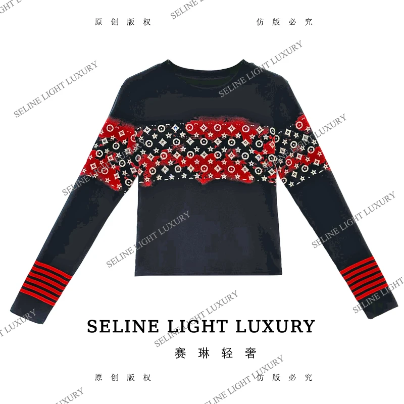 【25Q-691】七 2025 SELINE 新款印花时尚轻奢气质长袖T恤
