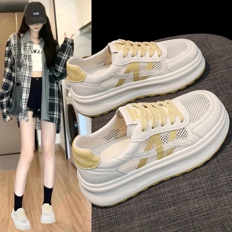 小白鞋女单网透气厚底4.5cm增高2025夏季新款显脚小韩版百搭板鞋