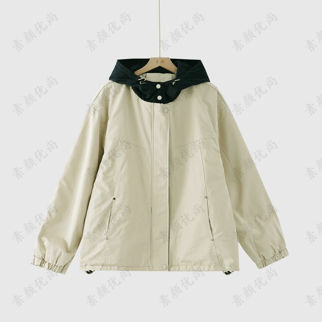 【素颜】2025秋冬新款百搭加厚保暖夹棉拼色连帽外套