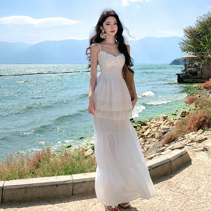 云南旅游洱海设计感仙女裙白色裙子蛋糕裙+白色半身裙套装