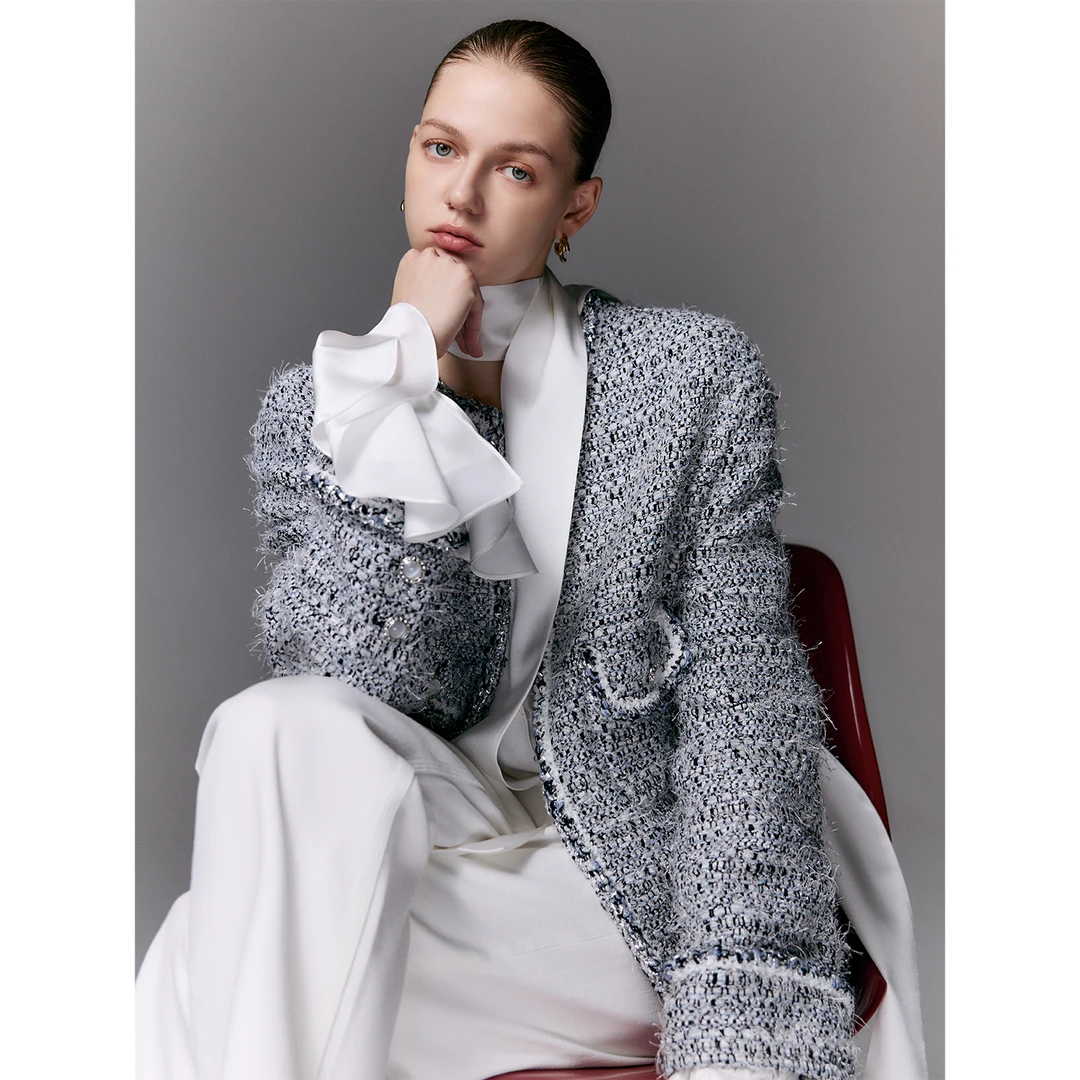 玖着'星月夜'欧洲高定ACT3/CH手工坊冰川灰蓝真丝内里香风外套