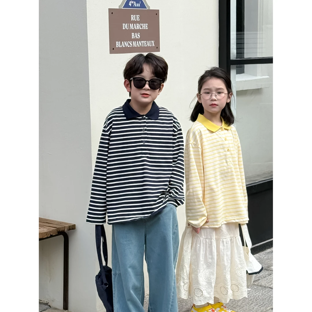 童打底衫2025春款男童女童韩版条纹针织打底衣儿童POLO领休闲上衣