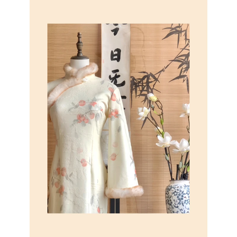 【柿柿如意】新中式改良旗袍加绒毛领倒大袖修身温柔国风连衣裙冬