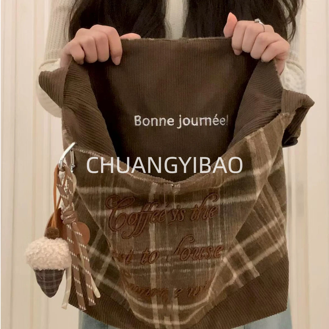 韩系格子灯芯绒包包女2025新款大容量通勤双面可背单肩斜挎托特包