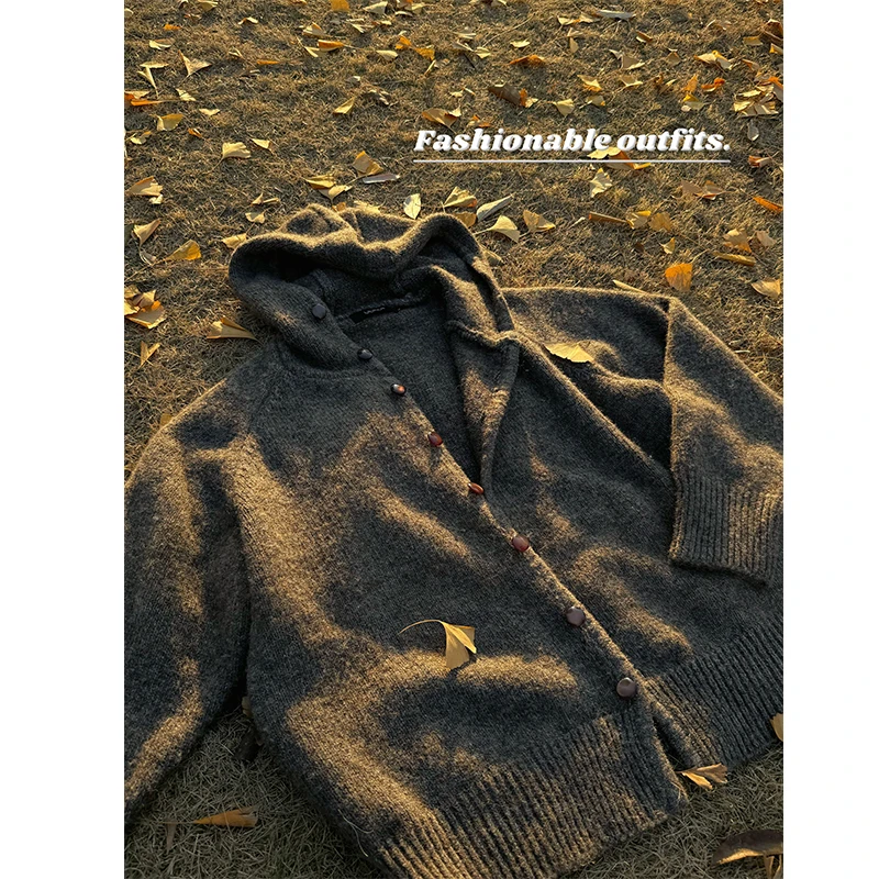 美式复古连帽针织开衫男2026早春保暖毛衣松弛慵懒风外套