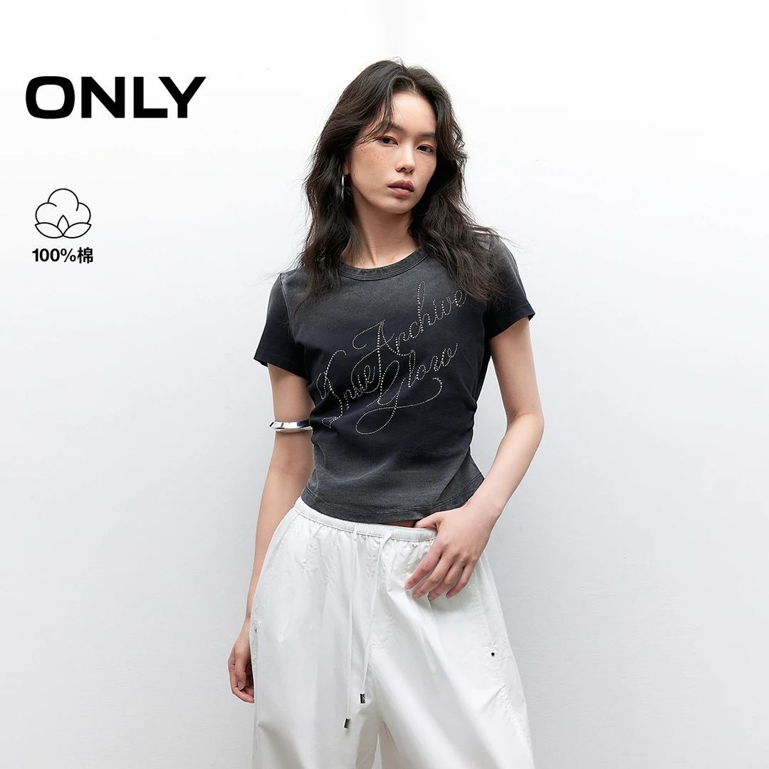 ONLY夏季渐变水洗显瘦水钻纯棉短袖T恤女休闲设计感|125201076