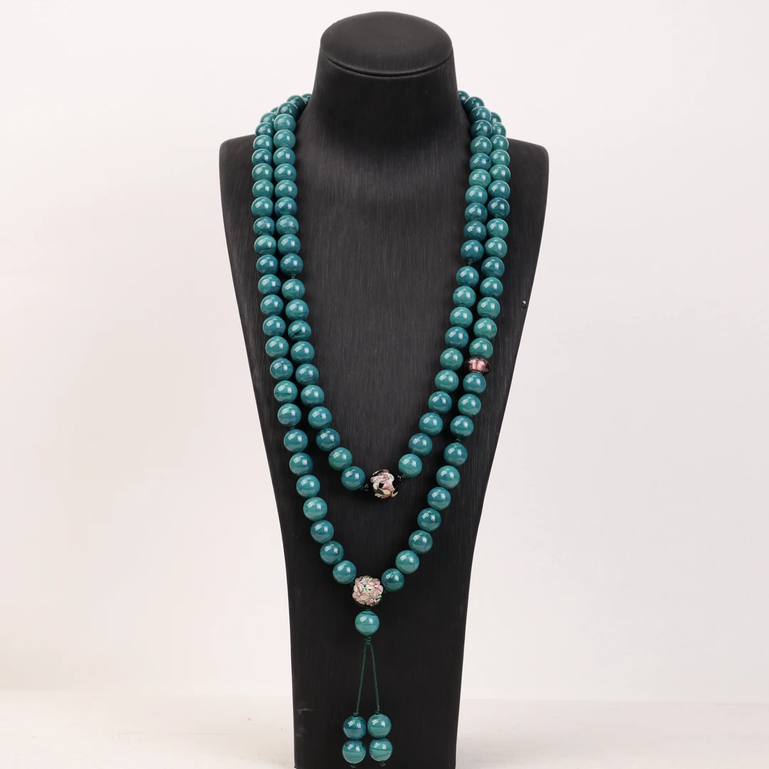 合金项链 LZ2695 12mm太师绿108颗琉璃项链 证书