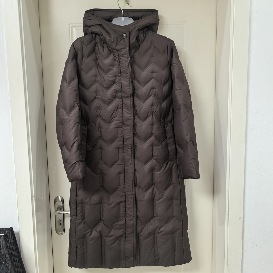 露韵诗羽绒服268767鹅绒长款连帽腰带修身显瘦