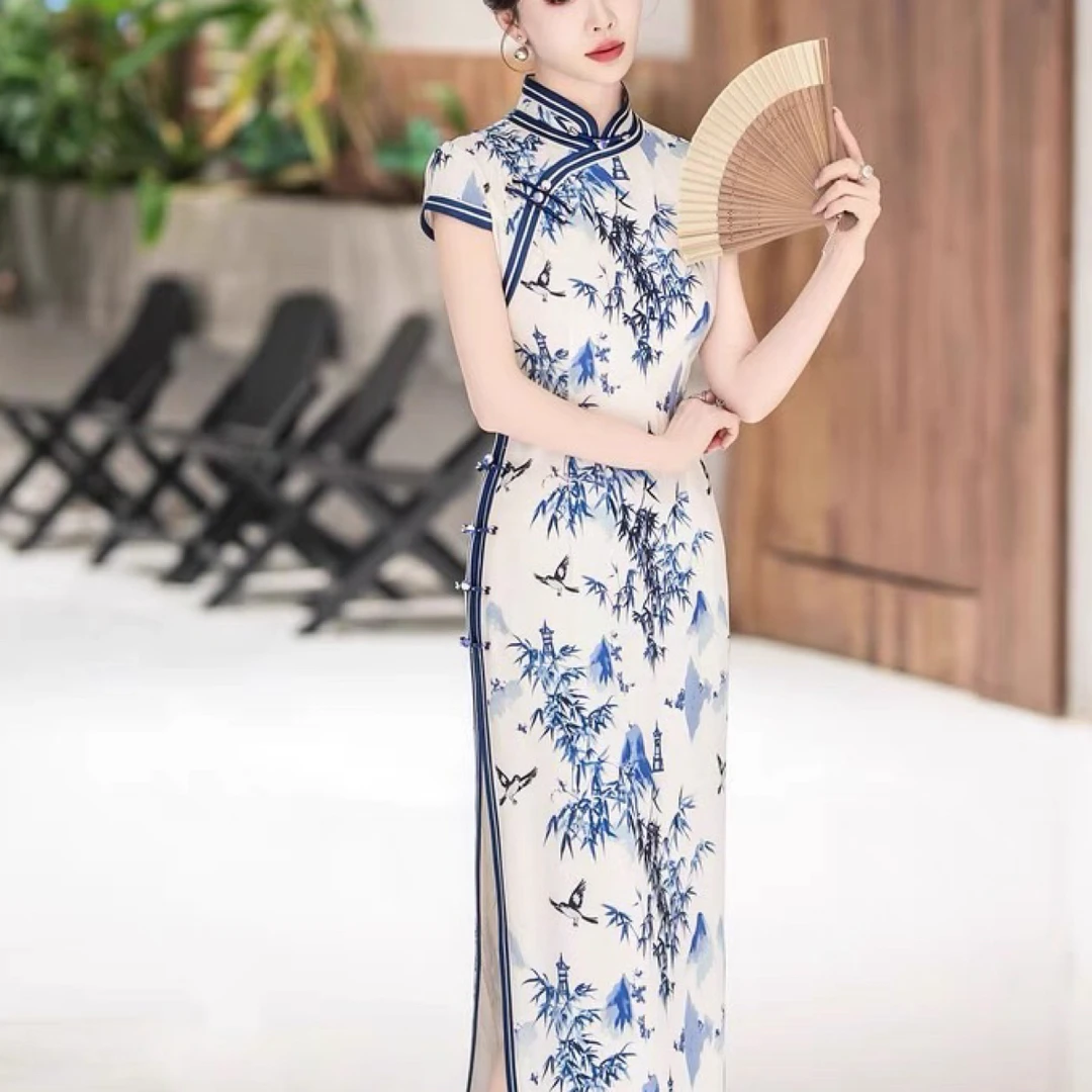 9099-青花瓷旗袍年轻长款2025新款夏女妈妈高端日常优雅连衣裙长