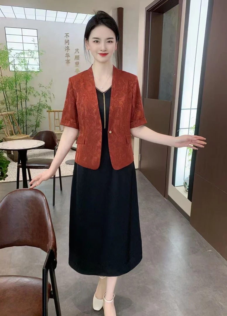 法式时尚女装休闲国风长裙外套中老年女装纯色薄款