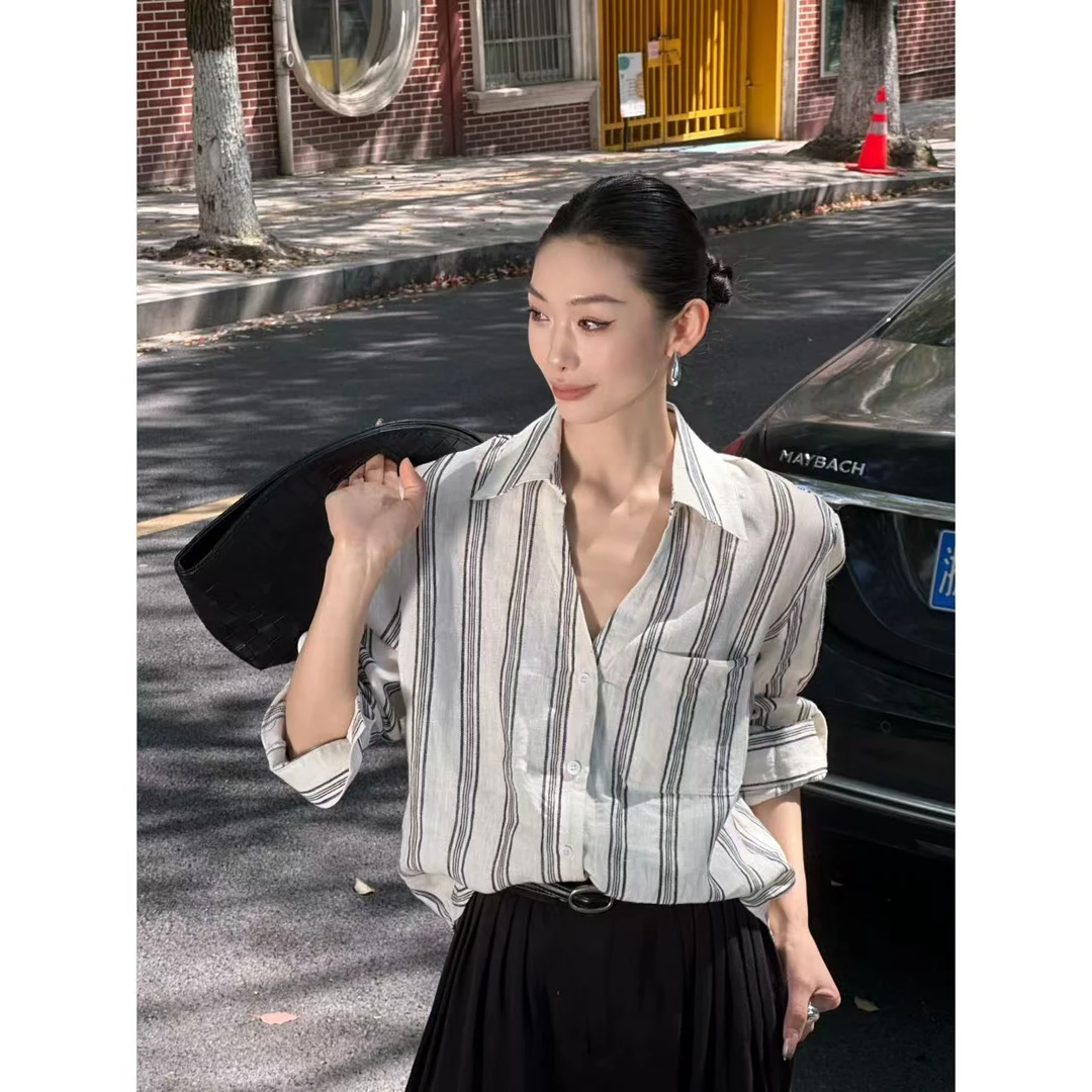 FIINAL《海伦》亚麻条纹印花翻领设计师款宽松衬衫