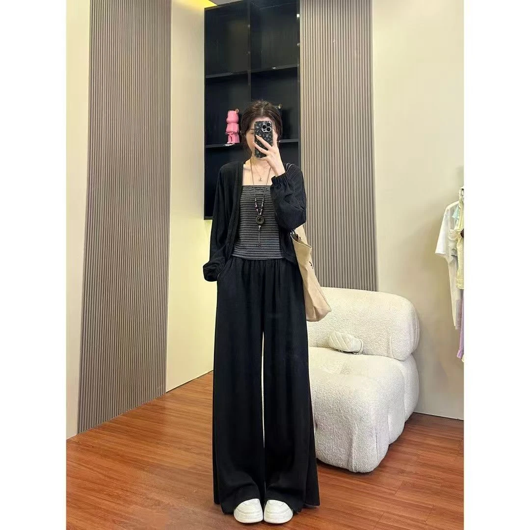 条纹吊带背心开衫外套+阔腿裤三件套女秋季新款休闲时尚套装