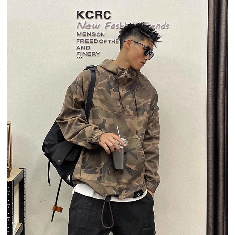 美式复古迷彩连帽夹克男士春秋季潮牌宽松i男士复古迷彩工装夹克