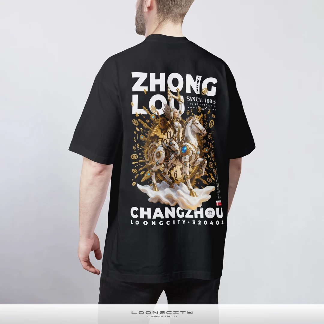 《时光旅行者》钟楼主题·300克纯棉·数码印花·圆领短袖T恤·黑色