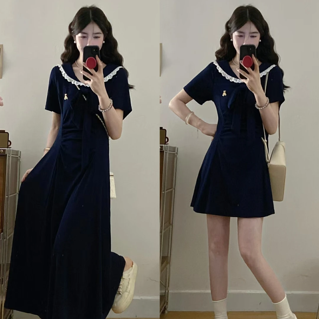 大码法式学院风海军领女夏季收腰加大显瘦温柔气质连衣裙