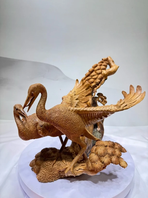 太行崖柏老料根雕摆件松鹤延年立体镂空精雕精美雕刻工艺品