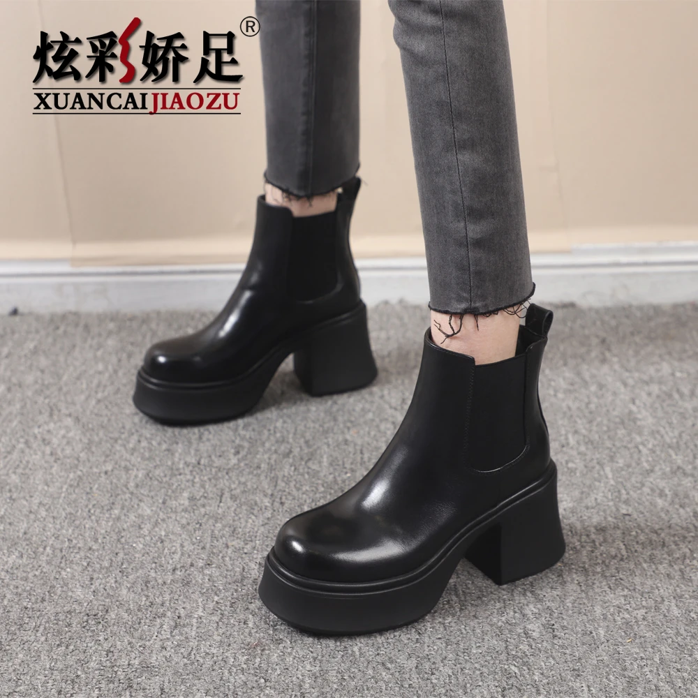 切尔西女靴2025新款秋冬女鞋牛皮真皮靴粗高跟厚底小个子中筒短靴