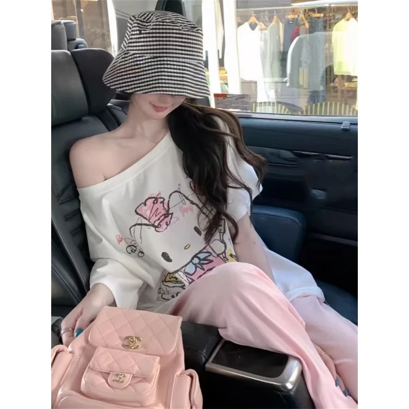 韩系慵懒kitty猫印花一字领斜肩甜美短袖T恤女夏季宽松纯棉小上衣