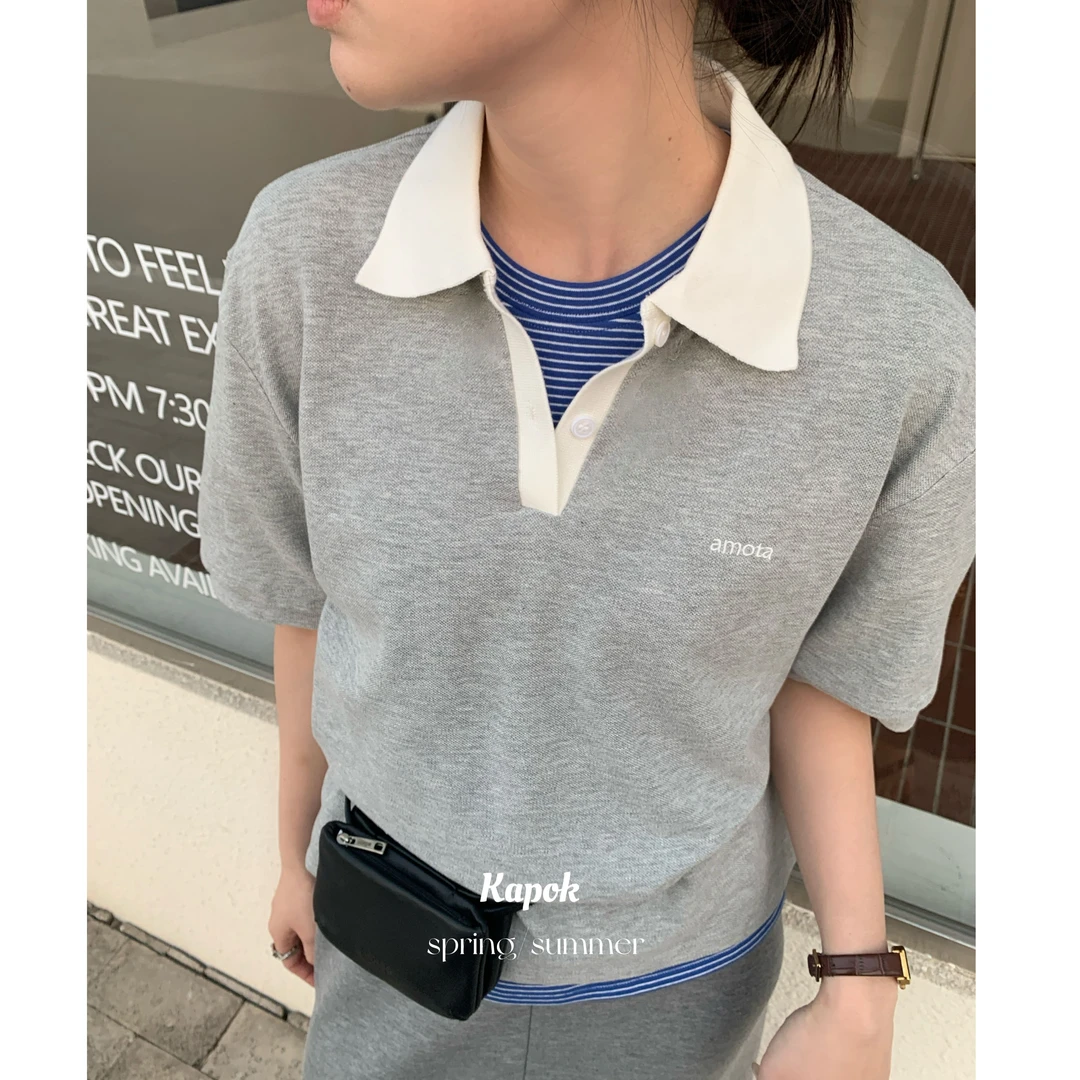 25020#KAPOK#也太减龄了吧！韩系学院风字母刺绣Polo领T恤（福利