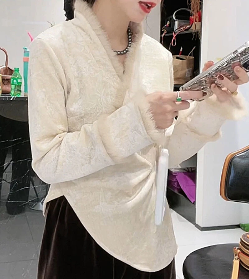 【加绒加厚】秋冬新中式气质复古丝绒压花长袖上衣修身显瘦衬衫2