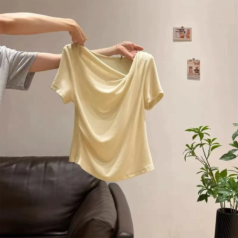 女人味甜美减龄斜领褶皱短袖T恤女修身显瘦上衣