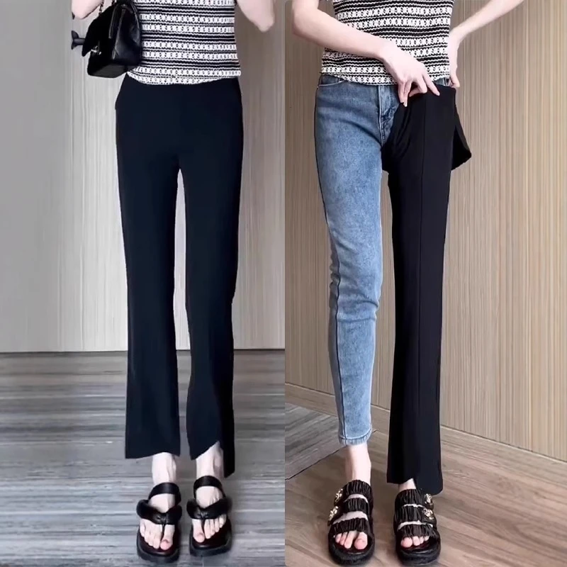 2025夏季薄款高腰开叉直筒休闲裤子女黑色百搭显瘦宽松九分西装裤