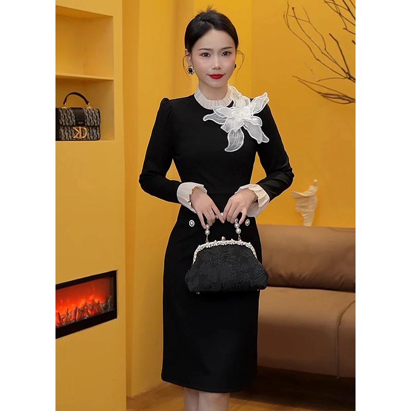 GERUIOUDIAN/格芮欧典花朵款黑色复古小香风连衣裙法式小个子女