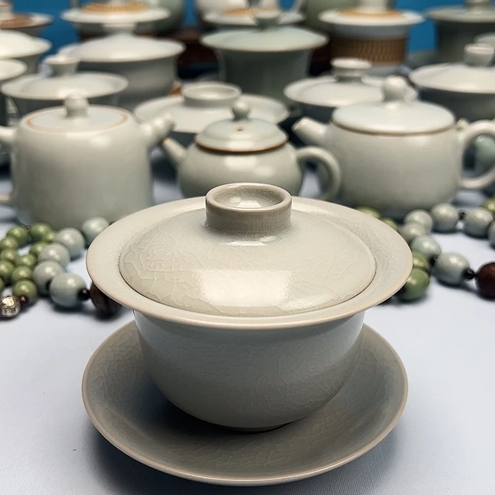 杯仿古粉青釉元宝盖碗原矿原釉原产地