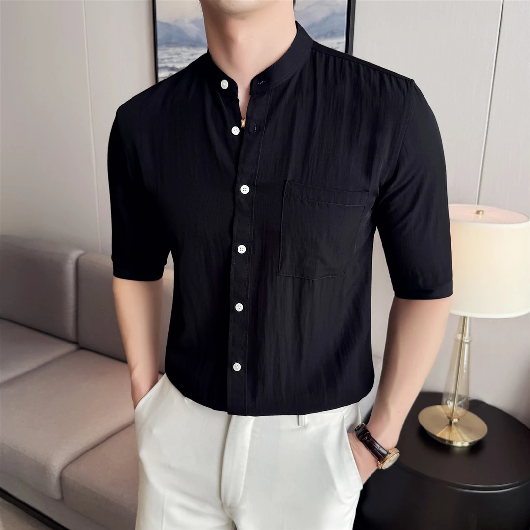 中式立领黑色衬衫男士修身商务休闲轻奢百搭夏季五分袖衬衣男款潮