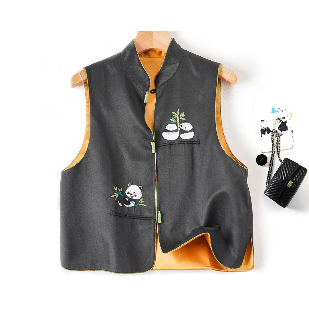 琸娅100%桑蚕丝香云纱双面双穿马夹中国风熊猫刺绣国潮新中式