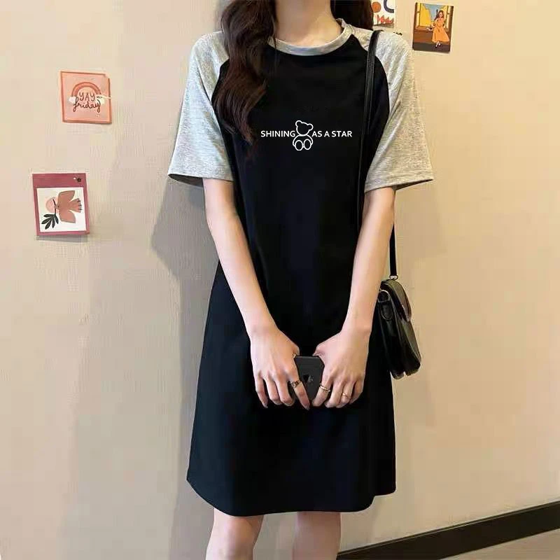 夏季时尚纯棉短袖连衣裙女式学生透气简约大码减减龄遮肚短袖T恤