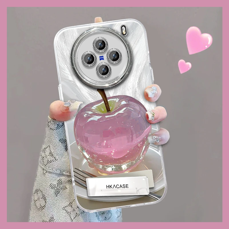 适用于vivox100精孔羽纱晶莹粉苹果网红个性创意支架全包手机壳女