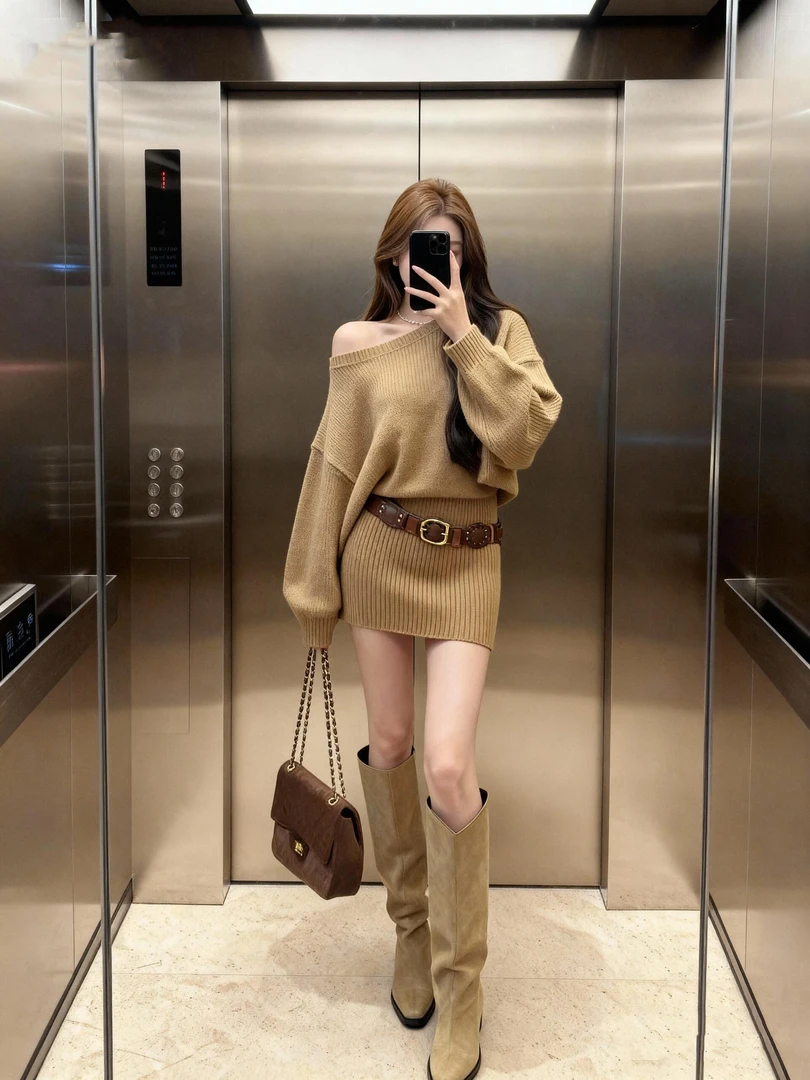 韩系纯欲穿搭一字肩长袖针织连衣裙斜肩内搭毛衣辣妹性感包臀短裙