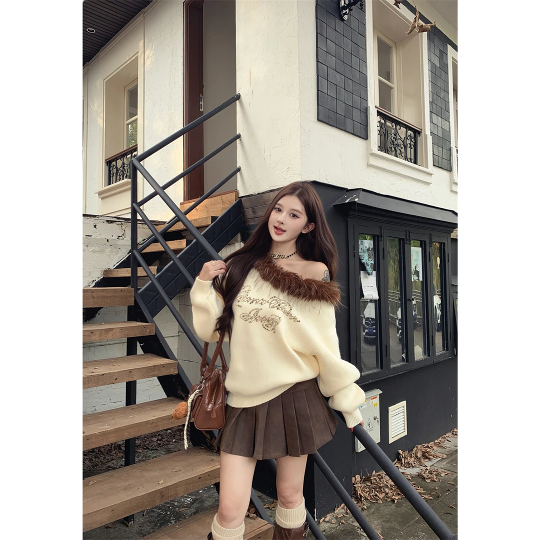 2025秋季新款复古风字母烫钻毛领拼接长袖针织衫百褶半身裙套装女