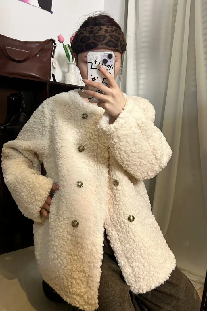 秋冬慵懒双排扣羊羔毛外套复古