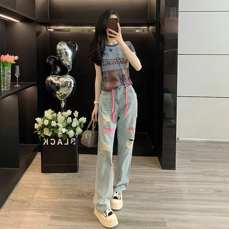 时尚女装新款2025爆款洋气小众晕染涂鸦狗狗修身T恤显瘦牛仔裤潮