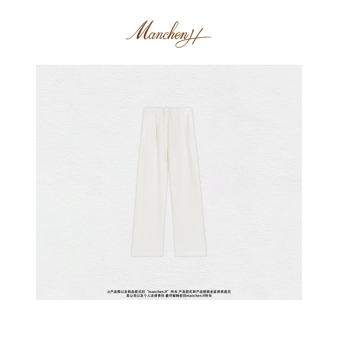 曼辰manchenh"高定冷染白麻裤"法国进口冷染丝麻直筒裤（松紧腰）