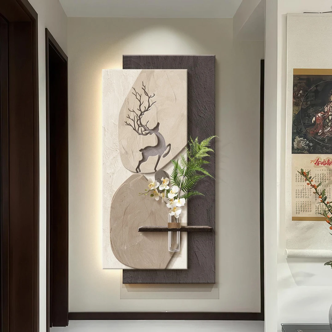 福禄生辉玄关走廊过道装饰画现代简约轻奢墙面挂画大气麋鹿发光画