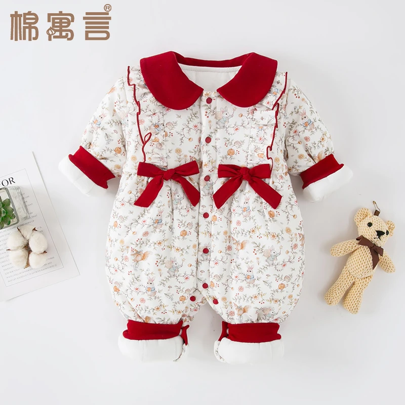 婴儿冬季连体衣可爱翻领蝴蝶结宝宝棉衣哈衣夹棉保暖防寒棉服外穿